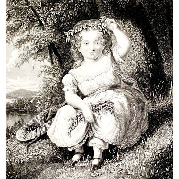 Queen Of Flowers Engraving 1859 Victorian Adorable Crowned Child Art DWY5E - Picture 1 of 2